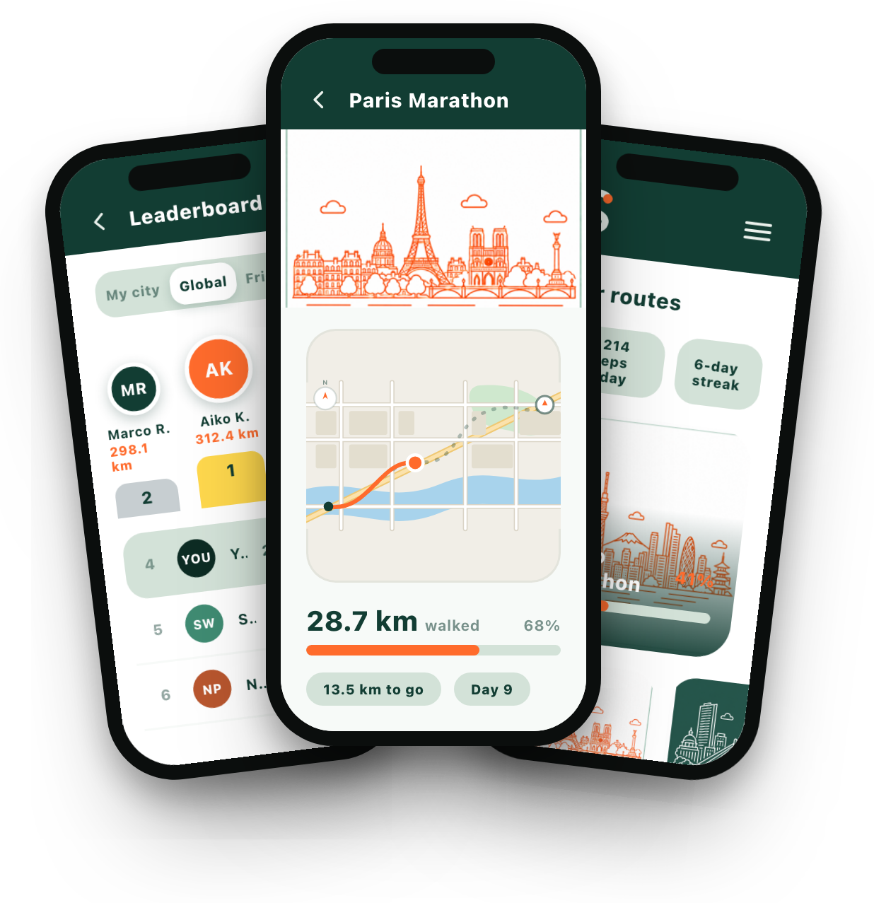 Strider app screens: leaderboard, a route in progress on the map, and the dashboard